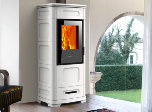 Stufa Ibrida Legna e Pellet E228 C 5 stelle, Infinity Plus Line installabile a Parete - Angolo, Piazzetta