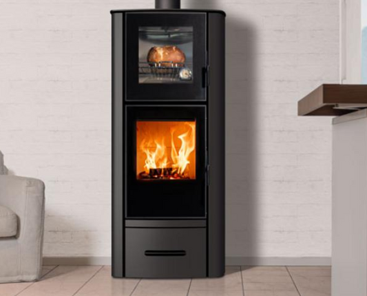 Stufa a legna con forno E928 F Steel, rivestimento in acciaio, Piazzetta