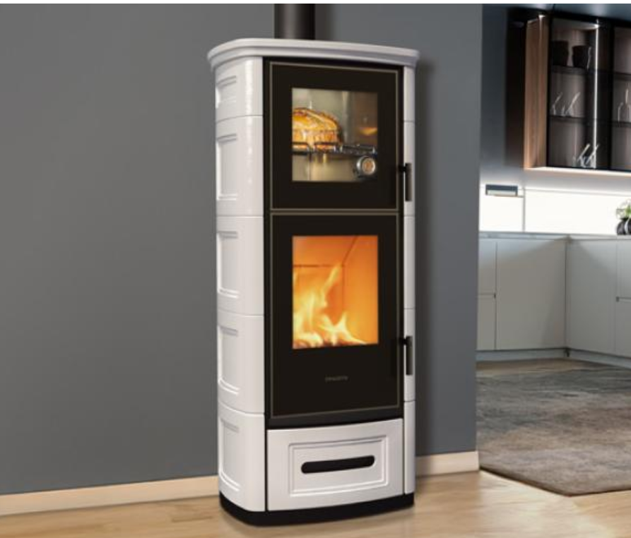 Stufa a legna con forno E928 R - F rivestimento in Maiolica, Piazzetta