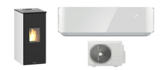 Stufa a pellet ventilata 10 KW KEA + CLIMATIZZATORE pompa di calore 1200 Btu, Schuster