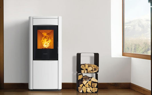 Stufa Ibrida Legna e Pellet E228 M, Infinity Plus Line installabile a Parete - Angolo, Piazzetta