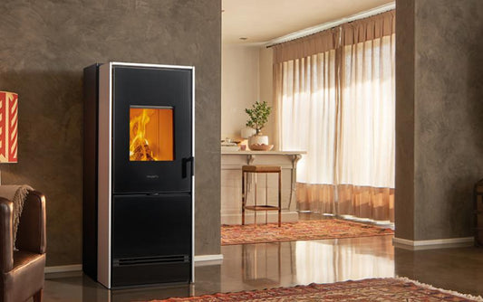 Stufa Ibrida Legna e Pellet E228 D, Infinity Plus Line installabile a Parete - Angolo, Piazzetta PIAZZETTA